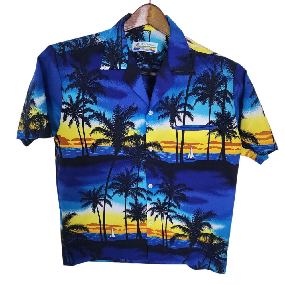 Vtg Shoreline Hawaii Men’s Tropical Sunset Aloha Shirt Blue M/L - Made in Hawaii